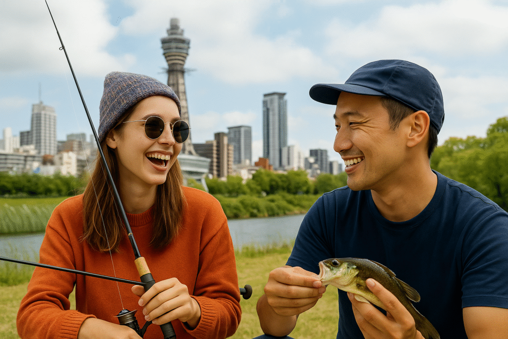 Two travelers enjoying a local outdoor tour in Osaka, Japan